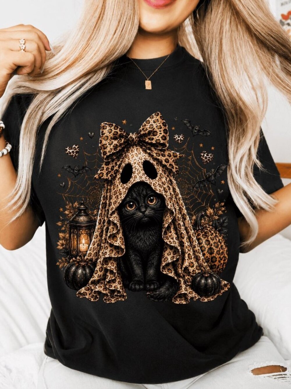 Black Cat Ghost Leopard Bow Halloween Graphic Tee